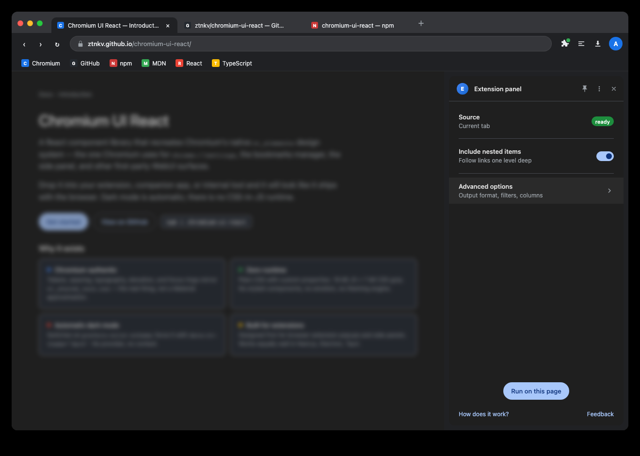 Chromium UI React showcase in dark mode — same layout rendered on a dark surface