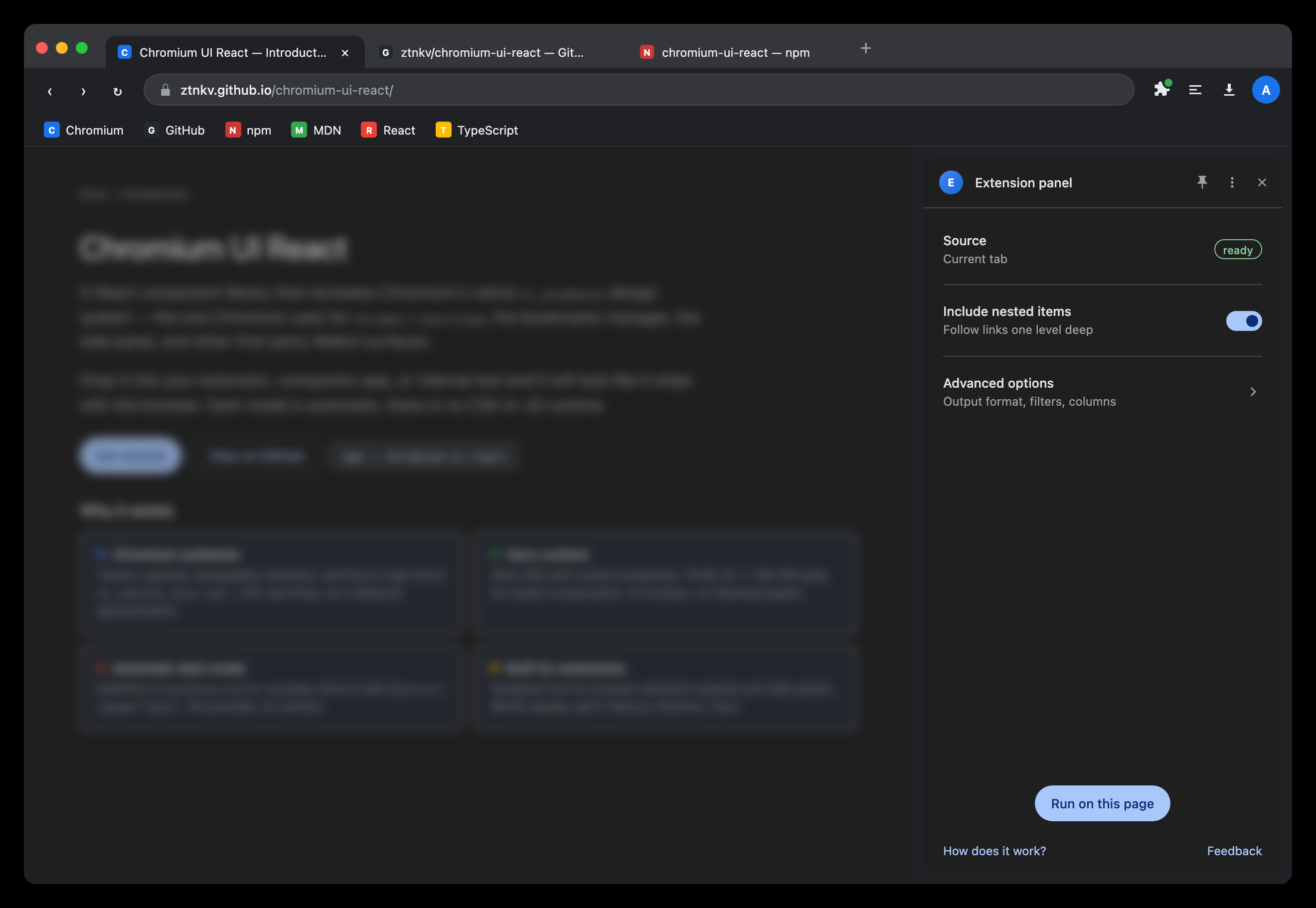 Chromium UI React showcase in dark mode — same layout rendered on a dark surface