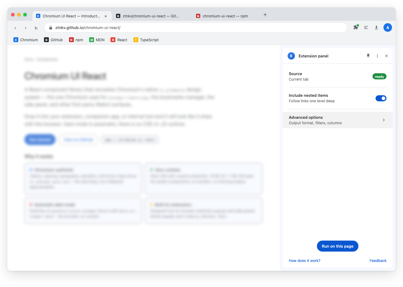Chromium UI React showcase in light mode — toolbar, sidebar menu, tabs, forms, list, buttons, chips, badges and toasts