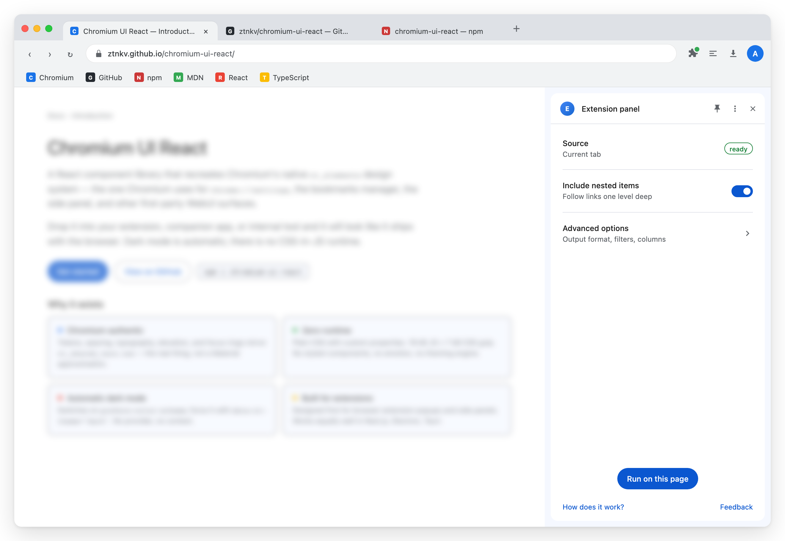 Chromium UI React showcase in light mode — toolbar, sidebar menu, tabs, forms, list, buttons, chips, badges and toasts